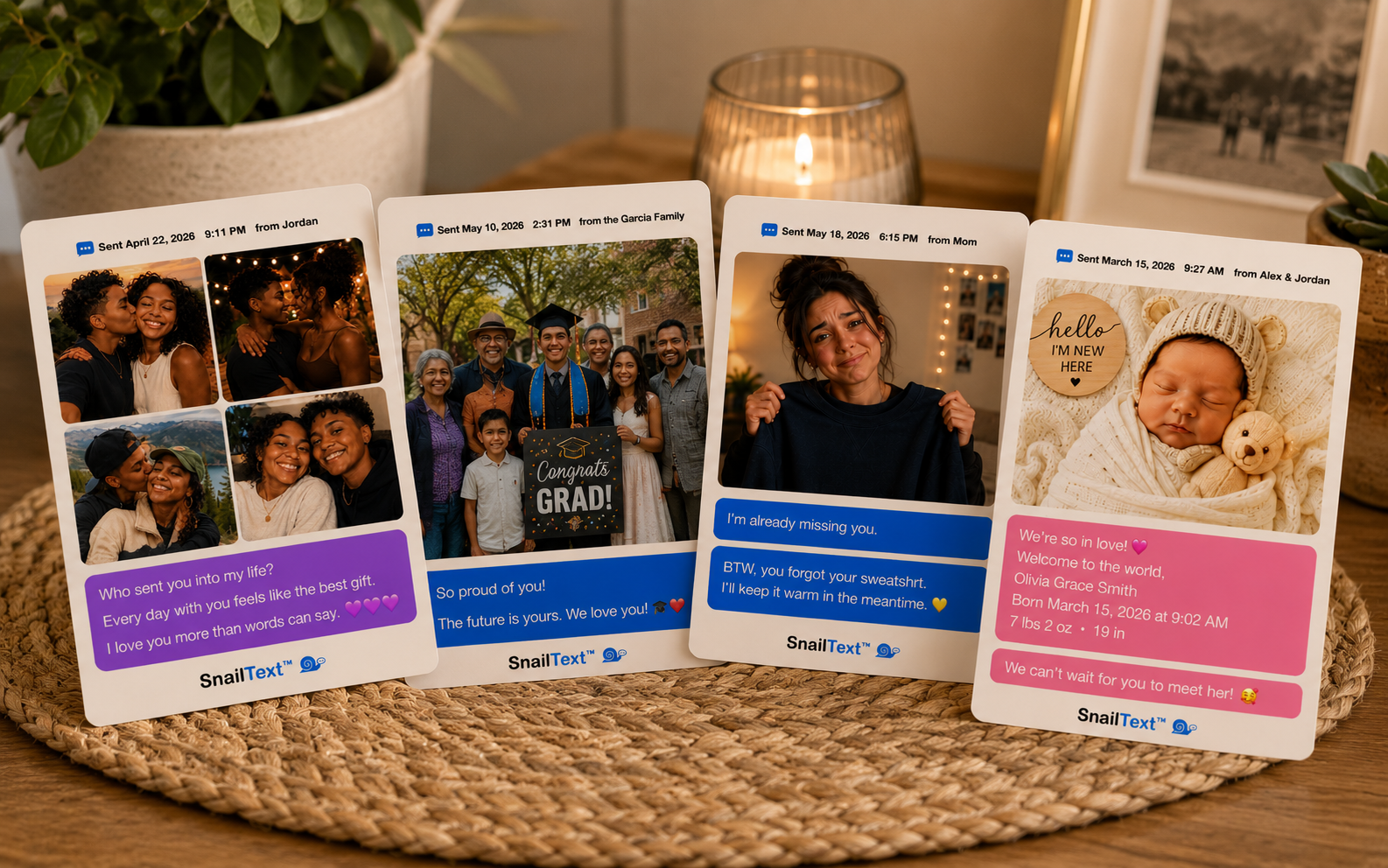 Several different SnailText keepsake cards displayed together