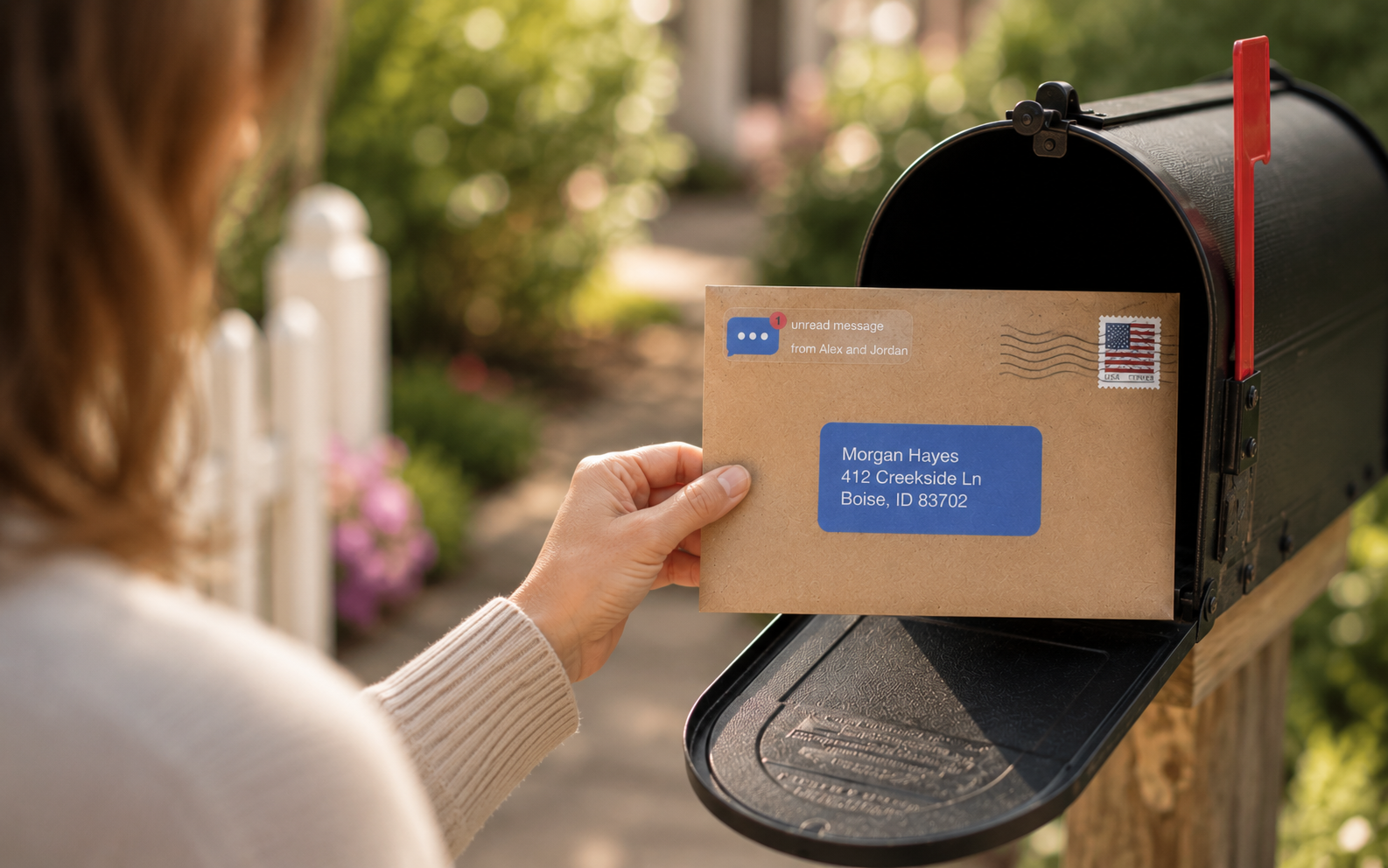 A recipient finding a SnailText envelope in a mailbox